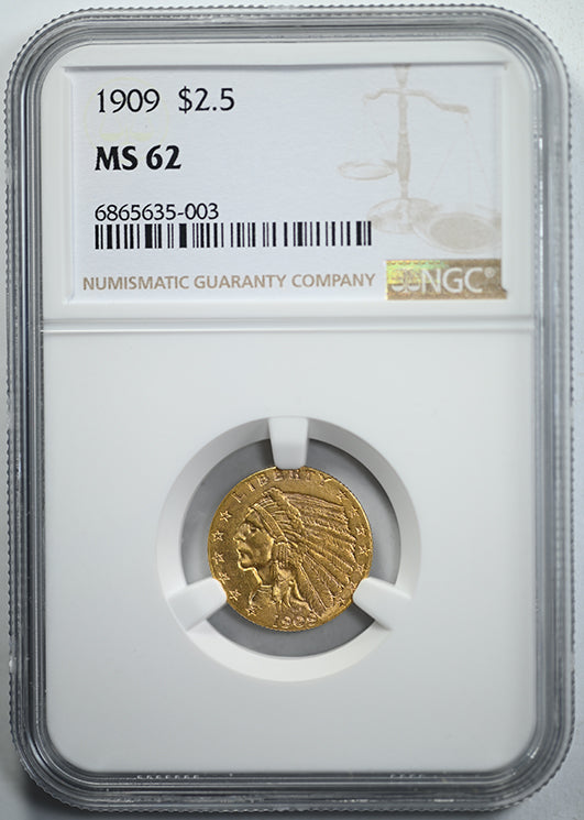 1909 Indian Head Gold Quarter Eagle $2.50 NGC MS62 Obverse Slab
