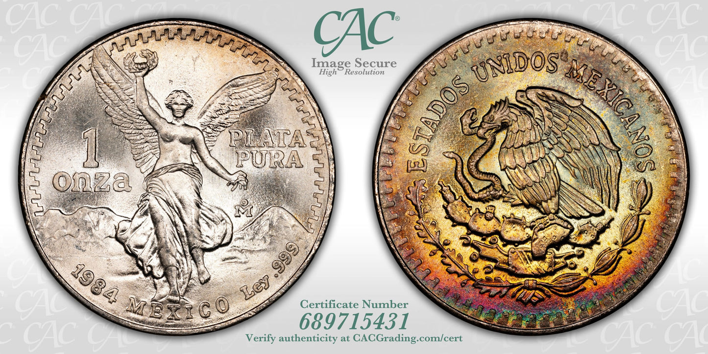 1984-Mo Mexico Silver Libertad 1 Onza CAC MS67 - RAINBOW TONED!
