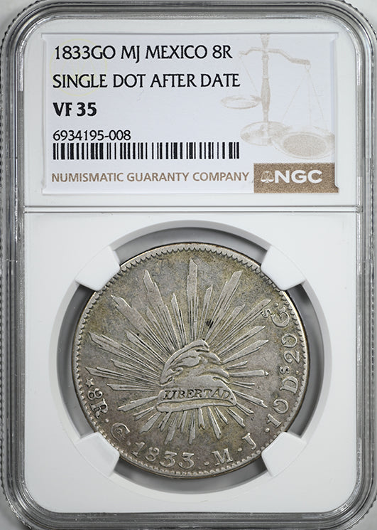 1833 GO MJ Mexico 8R Reales Single Dot After Date NGC VF35