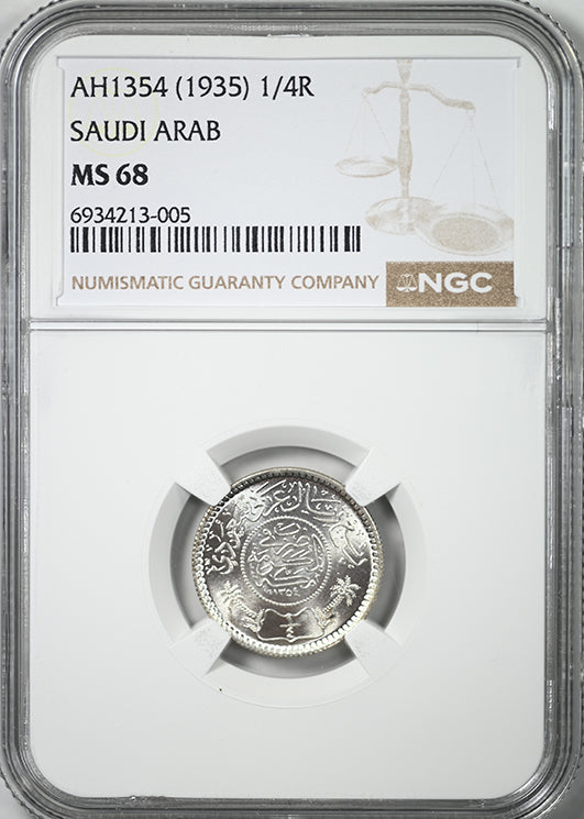 AH 1354 (1935) Saudi Araba 1/4R Riyal NGC MS68 - TOP POP!