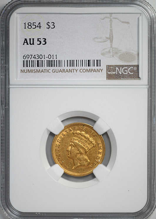 1854 Indian Princess Gold Three Dollar Piece $3 NGC AU53