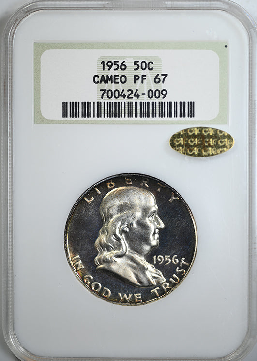 1956 Proof Franklin Half Dollar 50C NGC Fatty Holder PF67 CAMEO Gold CAC Obverse Slab