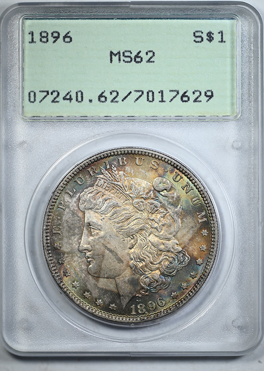 1896 Morgan Dollar $1 PCGS Rattler MS62 - End Roll Toner Obverse Slab
