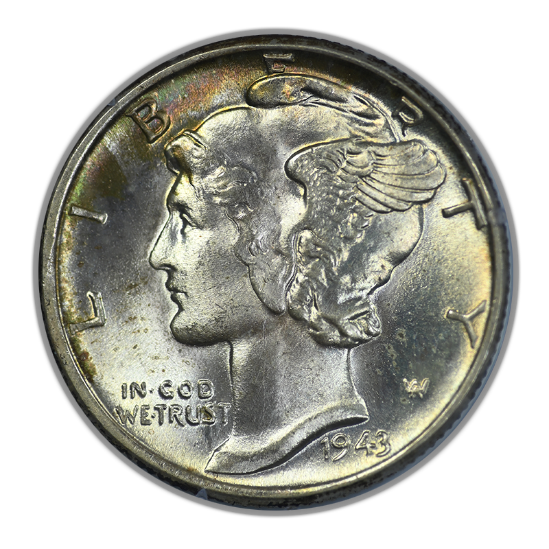 1943 Mercury Dime 10C PCGS Rattler MS63 Gold CAC - TONED! Obverse