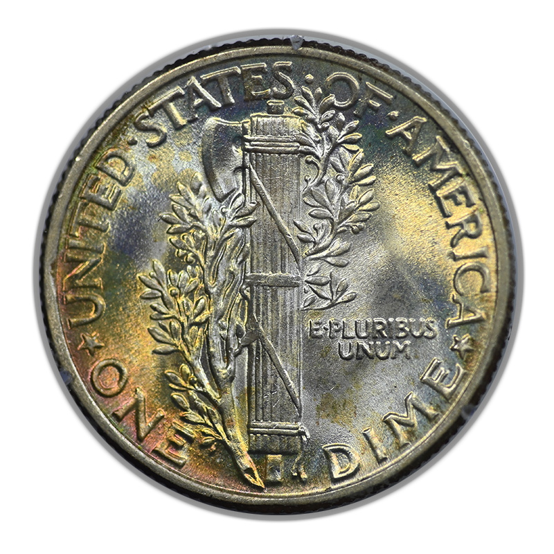 1943 Mercury Dime 10C PCGS Rattler MS63 Gold CAC - TONED! Reverse