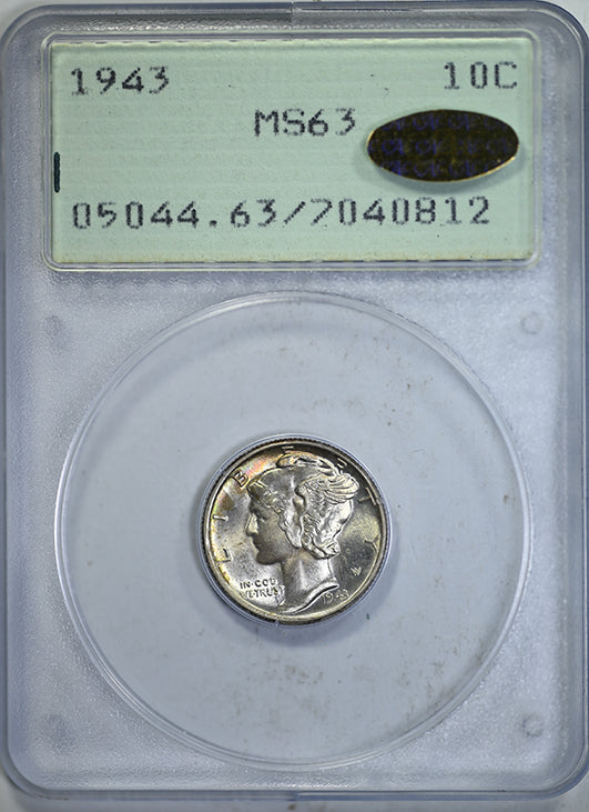 1943 Mercury Dime 10C PCGS Rattler MS63 Gold CAC - TONED! Obverse Slab