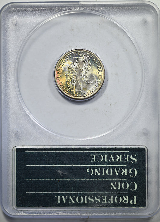 1943 Mercury Dime 10C PCGS Rattler MS63 Gold CAC - TONED! Reverse Slab