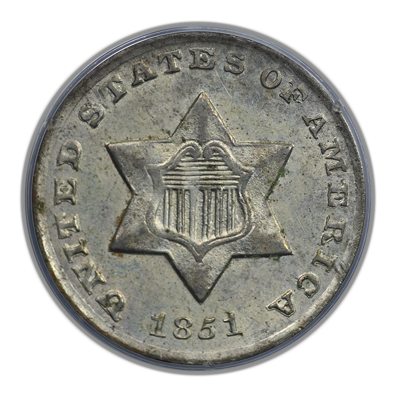 1851-O Three Cent Silver Piece 3CS PCGS Rattler MS62