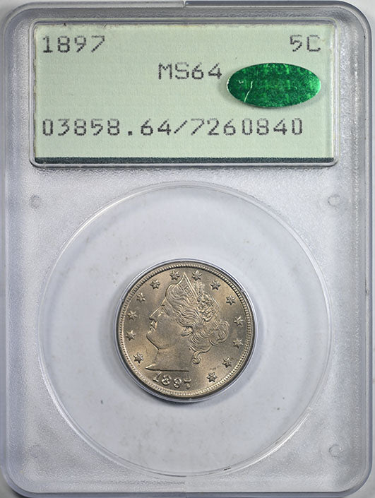 1897 Liberty V-Nickel 5C PCGS Rattler MS64 CAC Obverse Slab