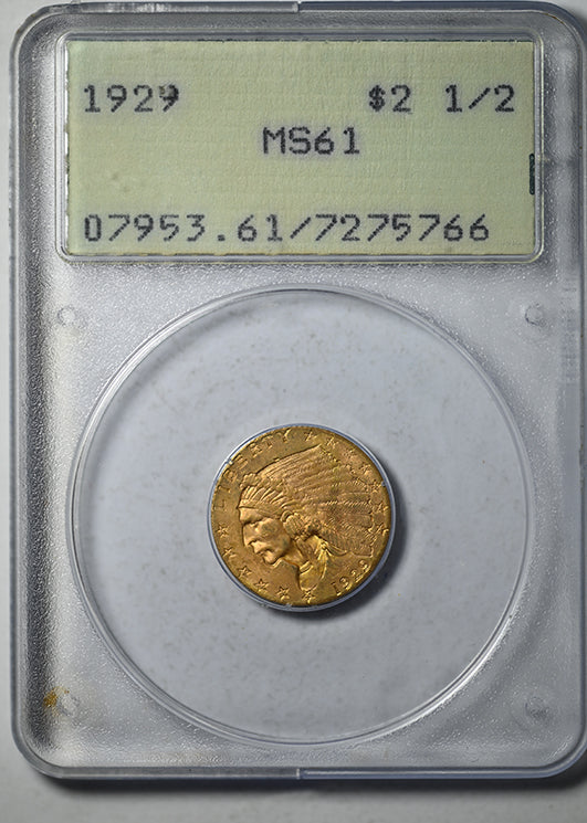 1929 Indian Head Gold Quarter Eagle 2.50 PCGS Rattler MS61