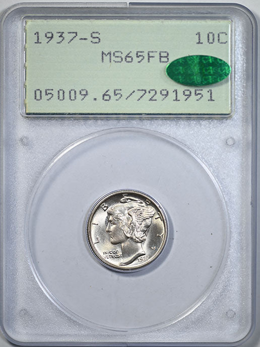 1937-S Mercury Dime 10C PCGS MS65FB CAC - Rattler Obverse Slab