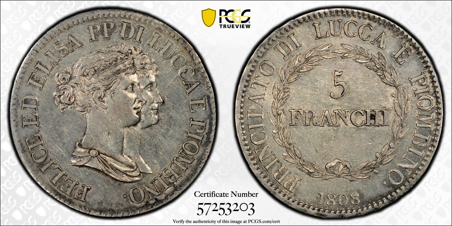 1808/7 Italy-Lucca 5Fr Franchi PCGS AU53 KM-24.3 Medium Busts