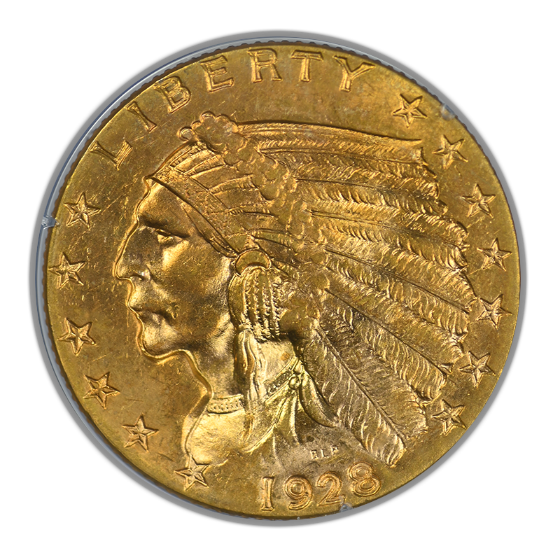 1928 Indian Head Gold Quarter Eagle $2.50 PCGS Rattler MS63 Obverse