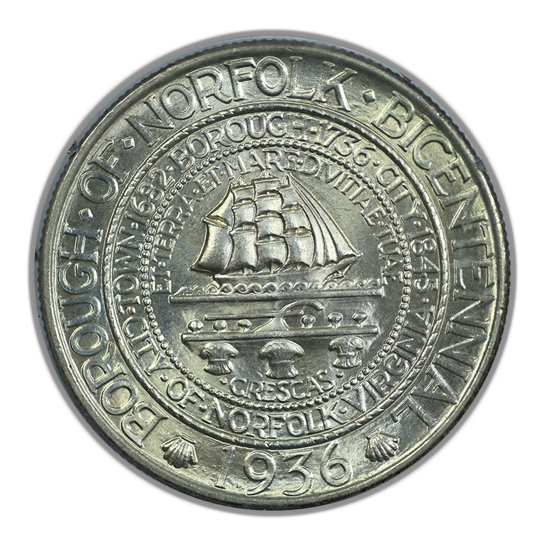 1936 Norfolk Classic Commemorative Half Dollar 50C PCGS Rattler MS66 CAC Obverse