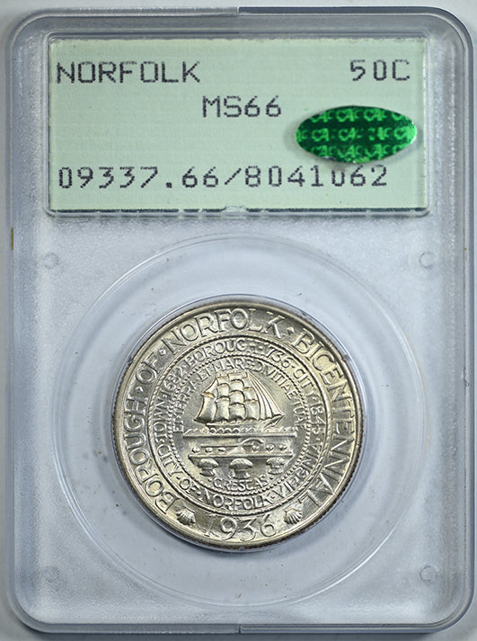 1936 Norfolk Classic Commemorative Half Dollar 50C PCGS Rattler MS66 CAC Obverse Slab
