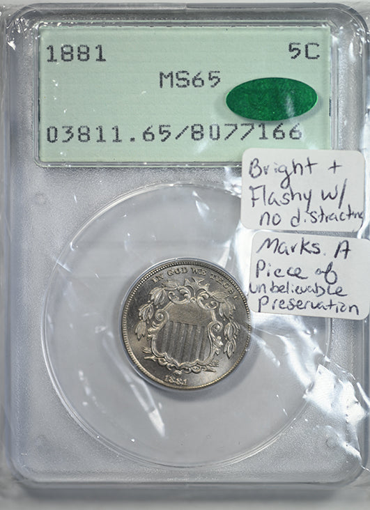 1881 Shield Nickel 5C PCGS Rattler MS65 CAC Obverse Slab