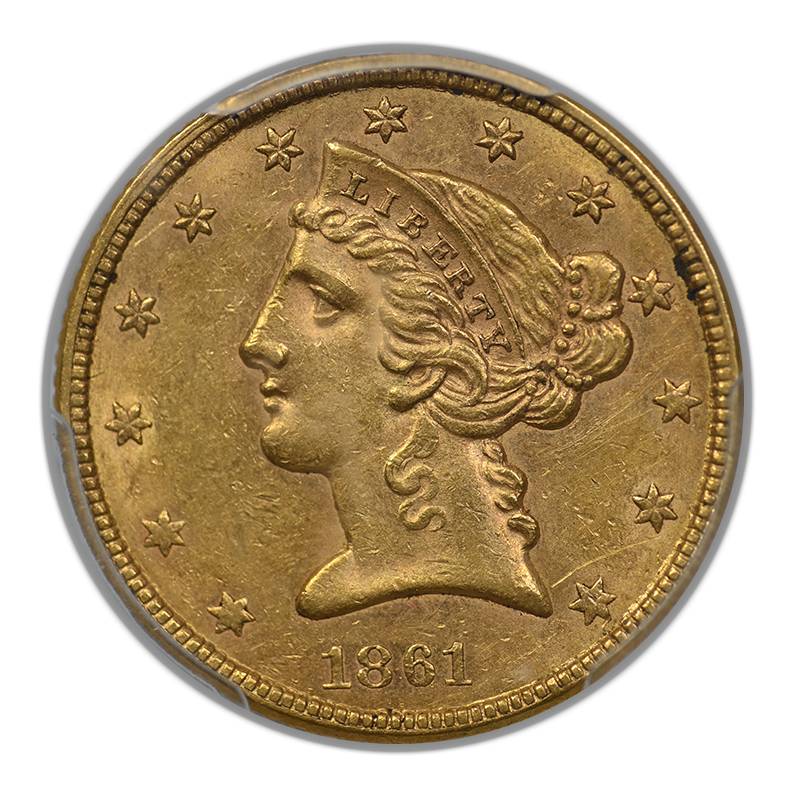 1861 Liberty Head Gold Half Eagle $5 PCGS AU58 CAC Obverse