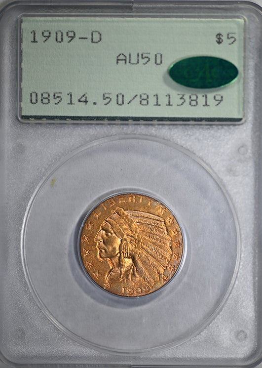 1909-D Indian Head Gold Half Eagle $5 PCGS Rattler AU50 CAC