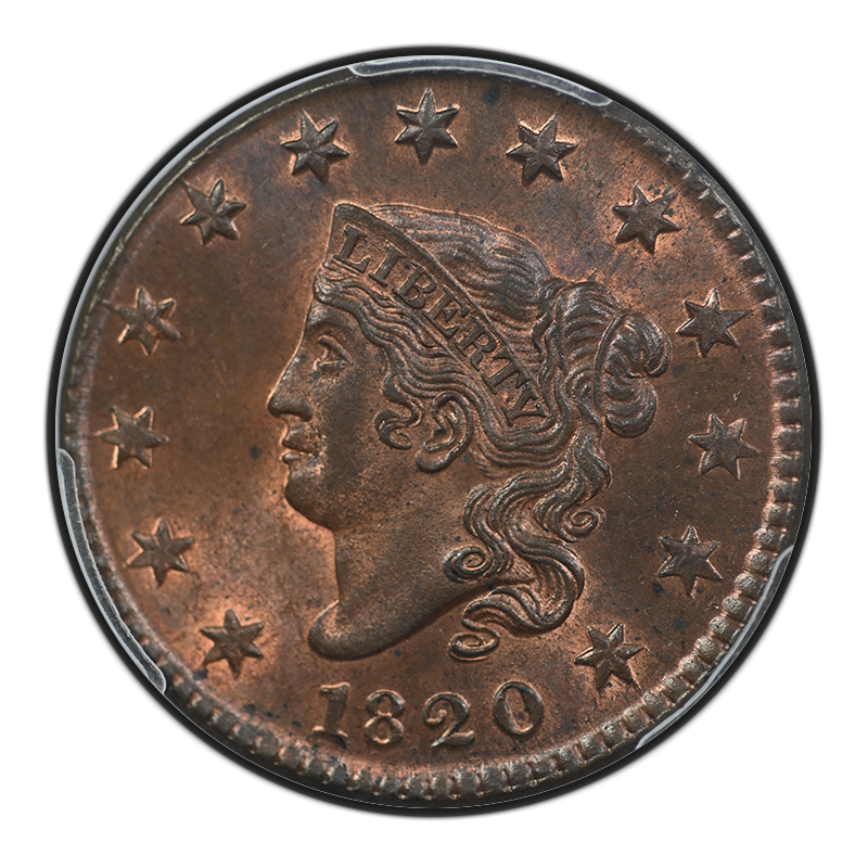 1820 Matron Liberty Head Large Cent 1C PCGS MS64RB CAC N-15 Small Date Obverse