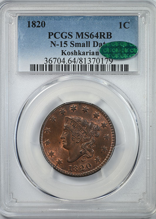 1820 Matron Liberty Head Large Cent 1C PCGS MS64RB CAC N-15 Small Date Obverse Slab