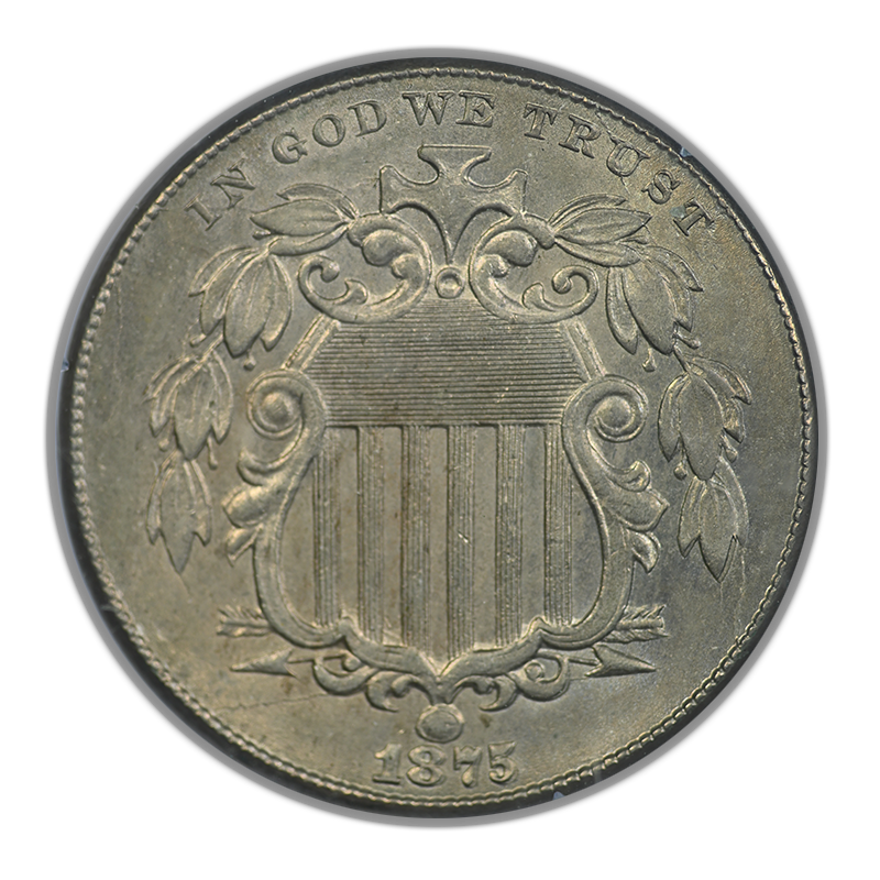 1875 Shield Jefferson Nickel 5C PCGS Rattler MS62 CAC