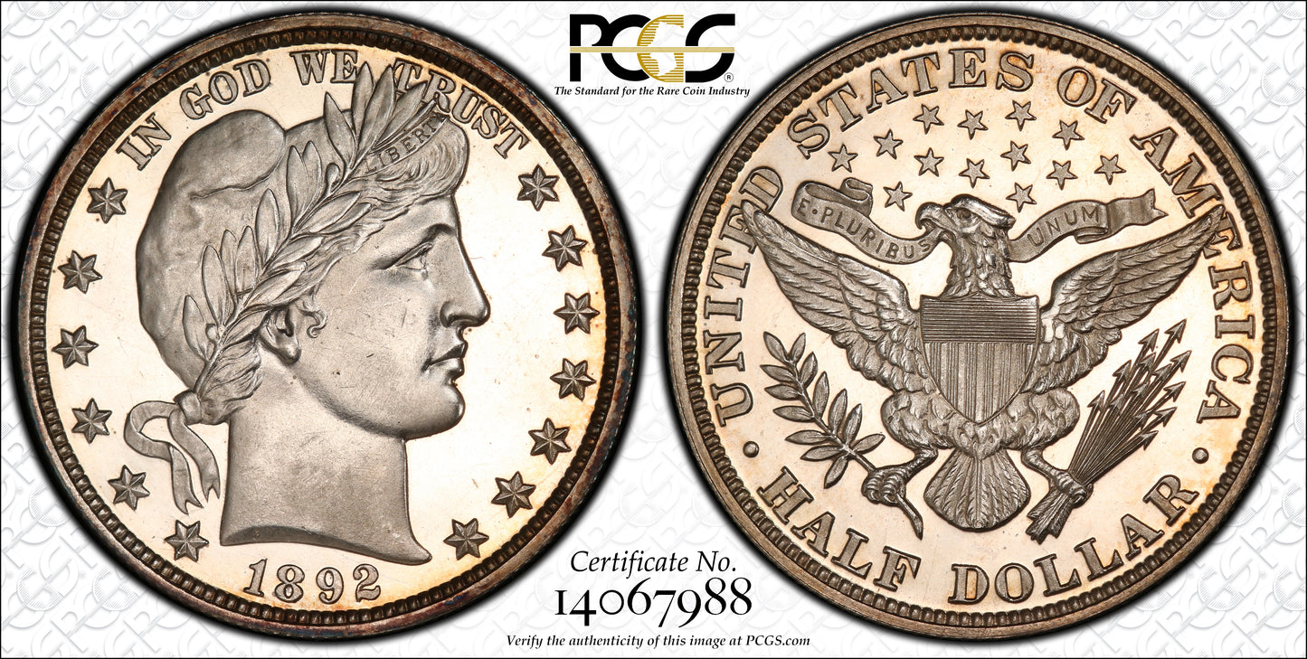 1892 Proof Barber Half Dollar 50C PCGS PR63CAM CAC Trueview