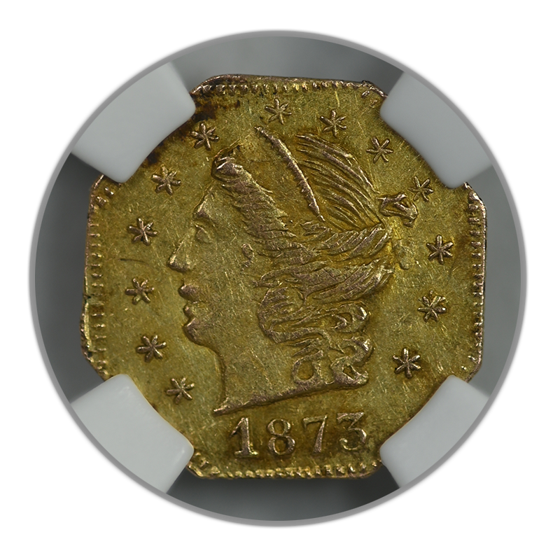 1873 Octagonal California Fractional Gold Liberty Head 1/4 Dollar G25C NGC AU58 BG-727
