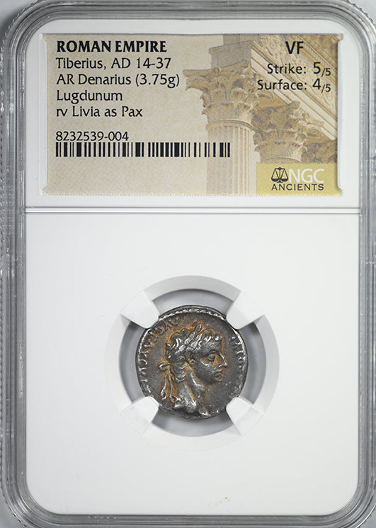 AD 14-37 Roman Empire Tiberius AR Denarius Lugdunum NGC Ancients VF - TONED!