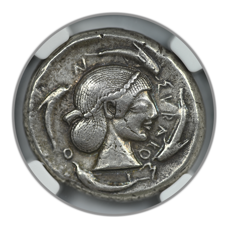 c.480-475 BC Sicily, Syracuse AR Tetradrachm Arethusa & Dolphins NGC Ancients VF