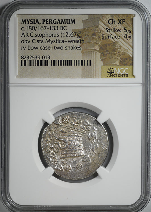 c.180/167-133 BC Mysia, Pergamum AR Cistophorus Two Snakes NGC Ancients Choice XF