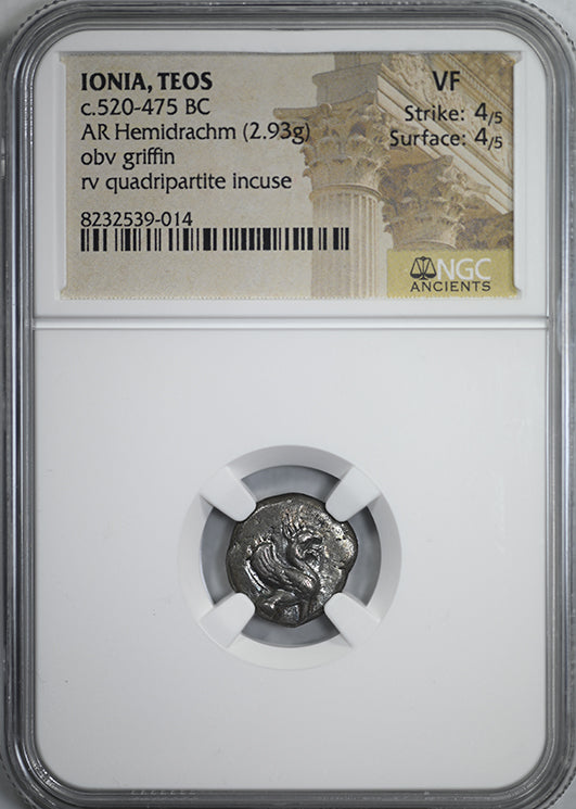 c.520-475 BC Ionia, Teos AR Hemidrachm Griffin NGC Ancients VF - TONED!
