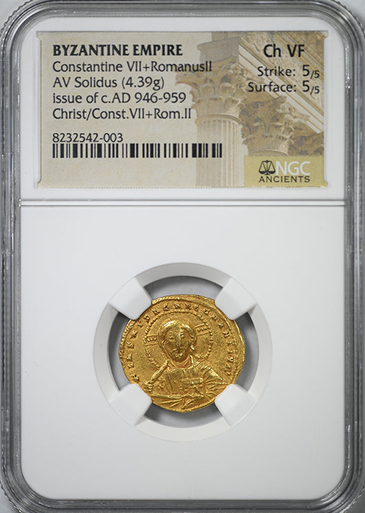 c.AD 946-959 Byzantine Empire Gold Constantine VII + Romanus II AV Solidus Christ NGC Ancients Choice VF