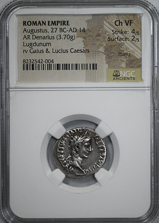 27 BC - AD 14 Augustus, Roman Empire AR Denarius Lugdunum NGC Ancients Choice VF
