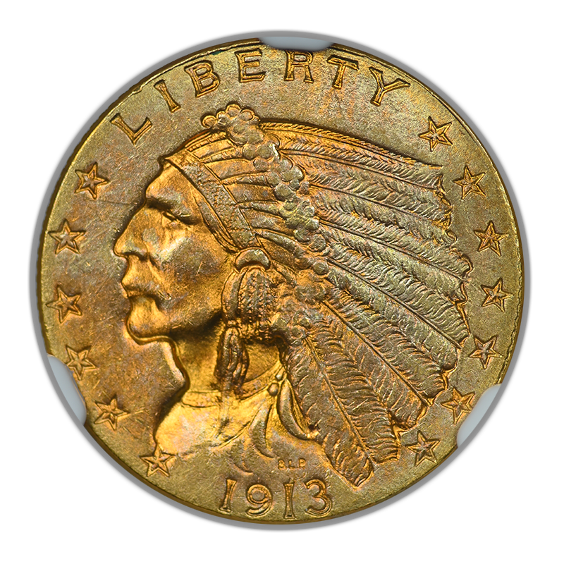 1913 Indian Head Gold Quarter Eagle $2.50 NGC MS63 CAC - NICE COLOR!