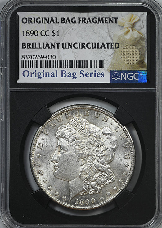 1890-CC Morgan Dollar $1 NGC Brilliant Uncirculated with Original Bag Fragment