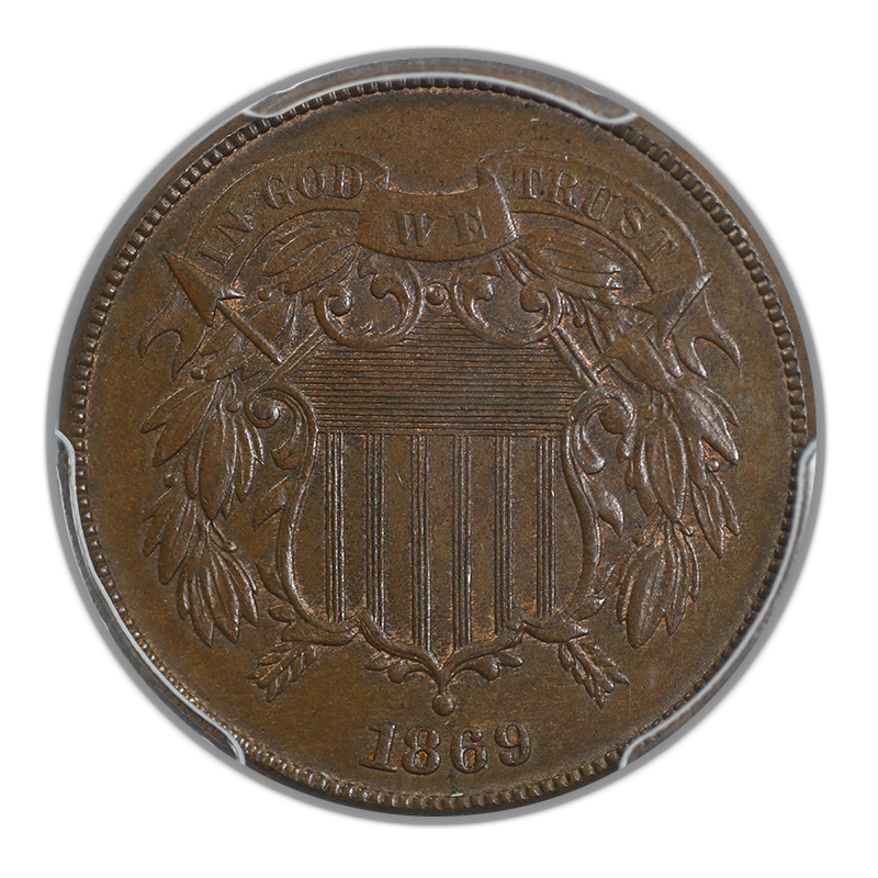 1869 Two Cent Piece 2C PCGS MS65BN CAC Obverse