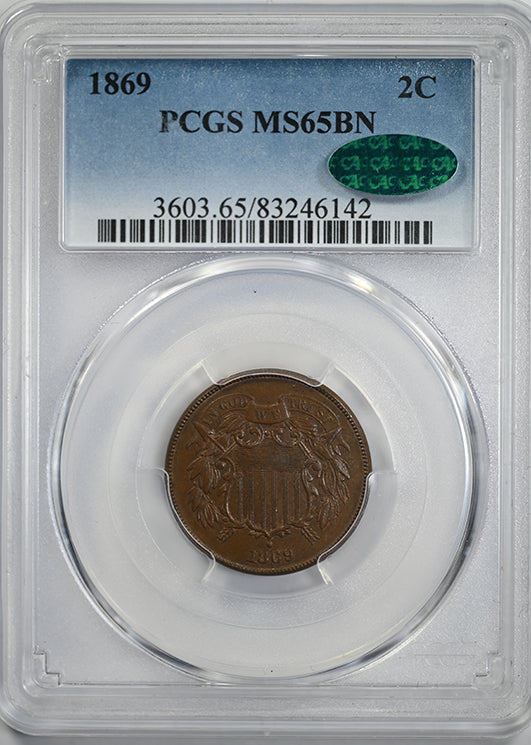 1869 Two Cent Piece 2C PCGS MS65BN CAC Obverse Slab