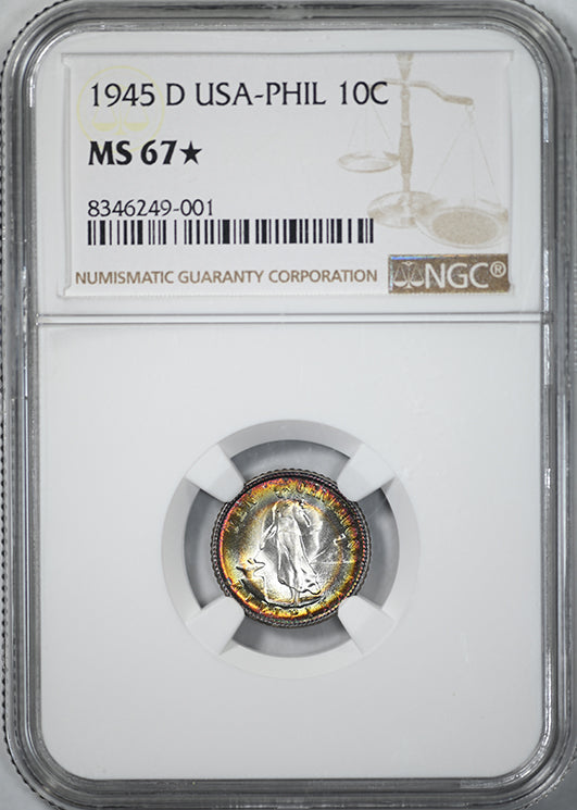 1945-D USA Philippines 10C Centavos NGC MS67* Star - RAINBOW TONED!