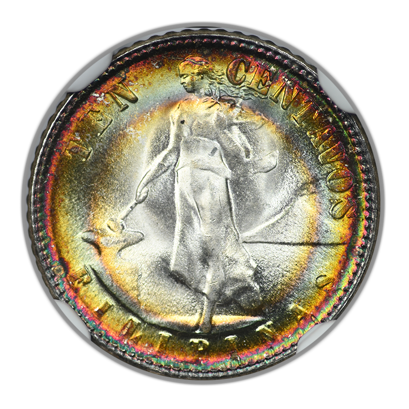 1945-D USA Philippines 10C Centavos NGC MS67* Star - RAINBOW TONED!