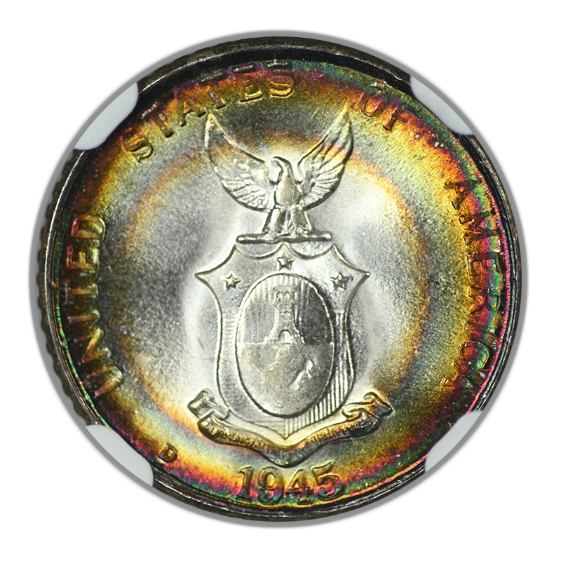 1945-D USA Philippines 10C Centavos NGC MS67* Star - RAINBOW TONED!