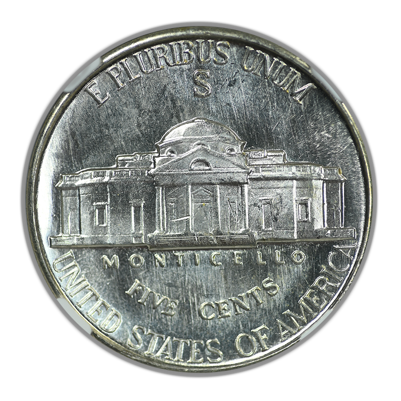 1942-S Jefferson War Nickel 5C NGC MS65* Star with Original Bag Fragment