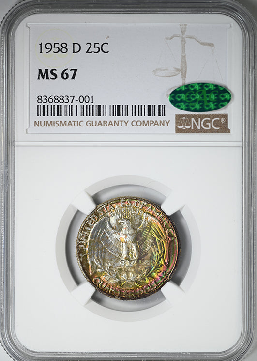 1958-D Washington Quarter 25C NGC MS67 CAC - RAINBOW TONED!
