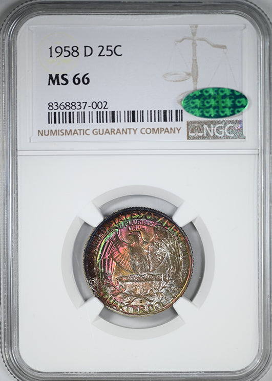 1958-D Washington Quarter 25C NGC MS66 CAC - RAINBOW TONED!