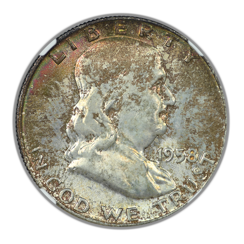 1958-D Franklin Half Dollar 50C NGC MS66FBL CAC - Full Bell Lines - RAINBOW TONED!