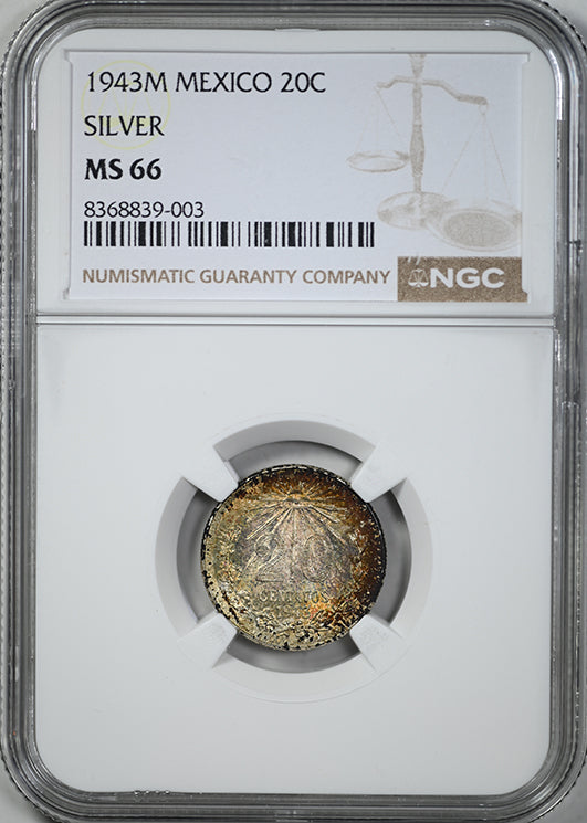 1943 M Mexico Silver 20C Centavos NGC MS66 - TONED!