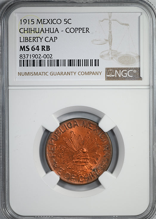 1915 Mexico Chihuahua Copper Liberty Cap 5C Centavos NGC MS64RB