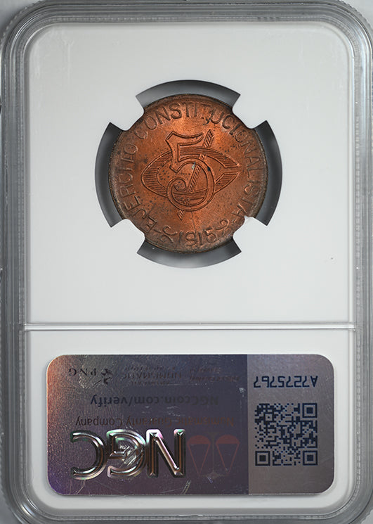 1915 Mexico Chihuahua Copper Liberty Cap 5C Centavos NGC MS64RB