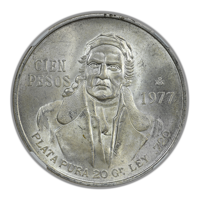 1977 Mo Mexico Silver 100 Pesos S100P Level Date NGC MS64 - Doubled Die Reverse DDR
