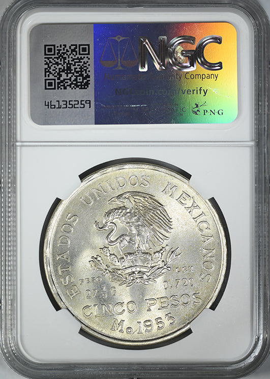 1953 Mo Mexico Silver 5 Pesos S5P Hidalgo Bicentennial NGC MS65