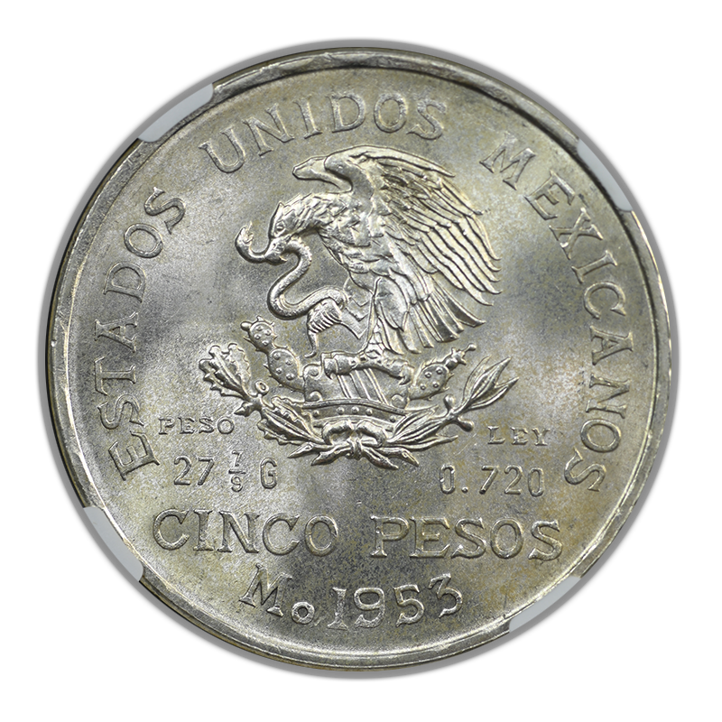 1953 Mo Mexico Silver 5 Pesos S5P Hidalgo Bicentennial NGC MS65